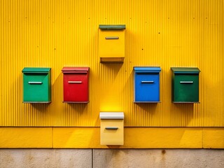 Minimalist Mail Boxes on Bright Yellow Wall - A Vibrant Urban Detail