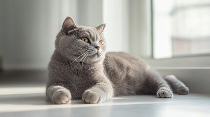 A grey British Shorthair cat lays on a white floor with its head tilted up, looking out a window.