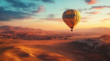 Fototapeta premium Hot Air Balloon Soaring Over a Desert Landscape at Sunset