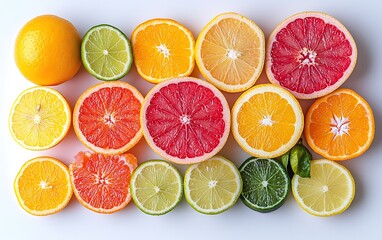 A vibrant arrangement of sliced citrus fruits, including oranges, limes, and grapefruits, showcasing a colorful display of textures and freshness.