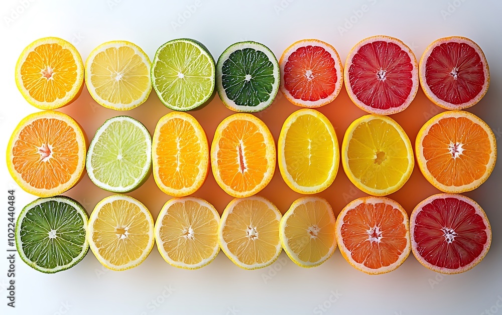 Poster A colorful array of sliced citrus fruits arranged in a visually appealing pattern, showcasing vibrant oranges, lemons, limes, and grapefruits.