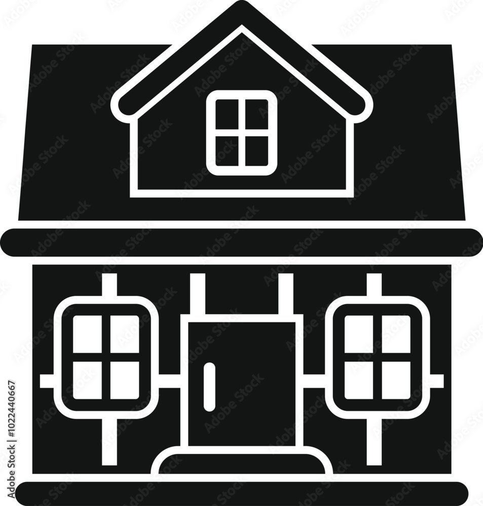 Poster simple vector icon of a two storey house with an attic and a garage, perfect for representing real e