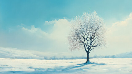 Obraz premium Single Tree in Winter Landscape: A solitary tree standing amidst a winter landscape, evoking a sense of isolation and tranquility in a snowy setting.
