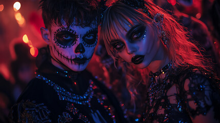 Obraz premium Dark Halloween Fashion and Skull Face Paint | Gothic Costumes and Spooky Makeup for Halloween Party Vibes