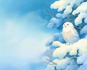 Obraz premium Snow Owl Sage, perched on a snow-covered branch, wise and glowing, watercolor style, watercolor illustration, having ample space for text