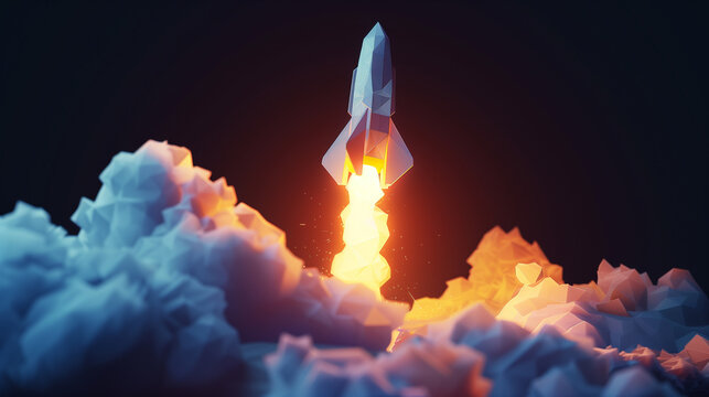 Rocket launching into the night sky with vibrant clouds and glowing lights