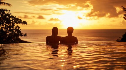 Silhouettes of a Couple in a Pool at Sunset