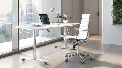 Fototapeta premium Modern minimalist office with white furniture and large window view of the city