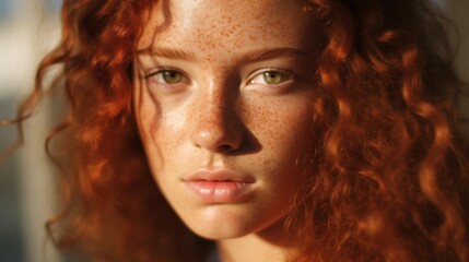 Fototapeta premium A serene portrait of a person with red curly hair and freckles, exuding warmth and individuality in a gentle natural light.