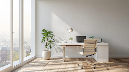Fototapeta premium Modern minimalist office with white furniture and large window view of the city