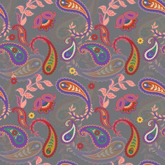 Vector paisley seamless pattern on grey background.