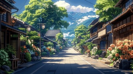 anime tranquil japanese street lined with traditional houses and trees in evening warm glow, cozy village scenery, lofi aesthetic, 4k resolution