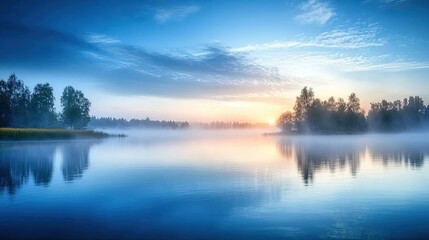 Obraz premium Misty Dawn Over a Tranquil Lake with Trees and Reflections