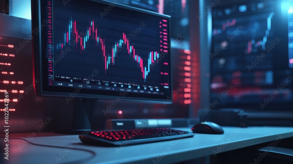 Poster stock market data displayed on a computer monitor in a dimly lit room