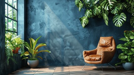 Modern Living Room with Brown Leather Armchair, Plants, Wooden Floor, and Dark Blue Wall