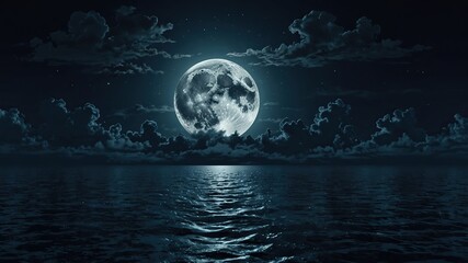 super moon and clouds in the night on sea