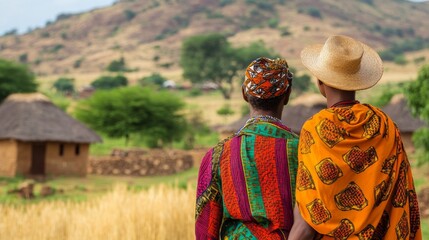 Obraz premium Two People in Traditional Clothing Standing Back to Back, Looking at a Rural Landscape