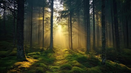 Fototapeta premium Sunbeams Illuminating a Path Through a Foggy Forest