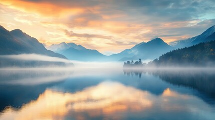 Misty Mountain Lake at Sunrise with a Small Island