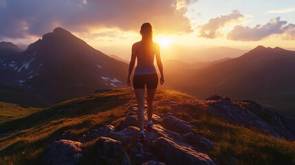 Obraz premium Slim sporty girl walks at sunset in the mountains.