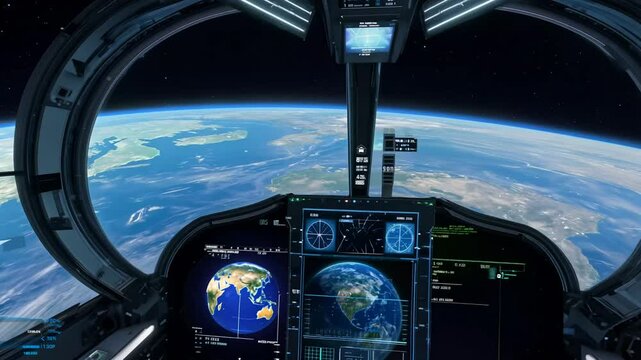 Camera flying around a futuristic spaceship cockpit with a view of earth, blinking lights, control panels, stars, and beeping computers