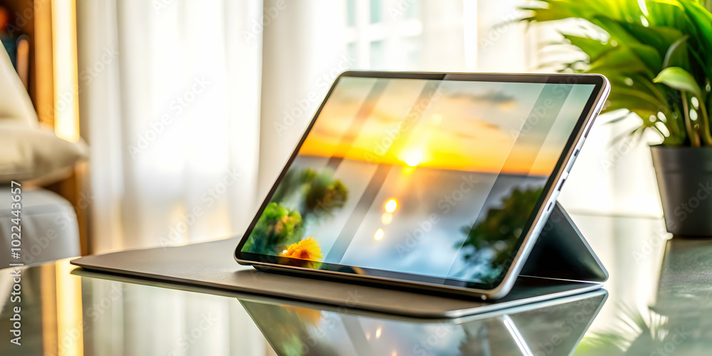Poster glossy tablet on plain surface - modern device representing connectivity and happiness in work from 