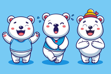 A set of cute white polar bear emoticons, with various expressions and movements such as crying, laughing, rolling their eyes, winking, shaking hands to say hello, doing the Dab dance, hugging their 