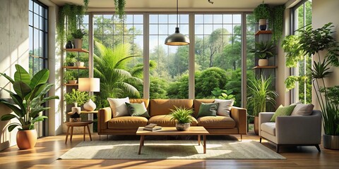 Elevate your home decor with a stylish living room, complete with a comfy couch, fresh green plants, and a spacious, inviting interior design.