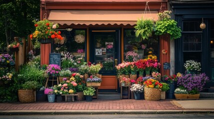 Fototapeta premium A Vibrant Flower Shop Display on a Brick Sidewalk