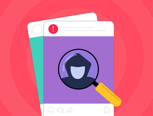 Fake social media accounts and profiles used for phishing and scams. Online fraud, impersonation and deception risks. Social media scam detection, security threats and fake users vector illustration.