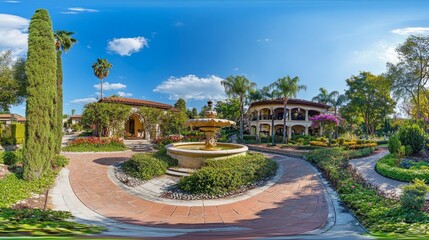 Obraz premium A panoramic 360 view of an opulent European-style garden, featuring manicured landscapes, elegant pathways, and complete facilities for outdoor gatherings.