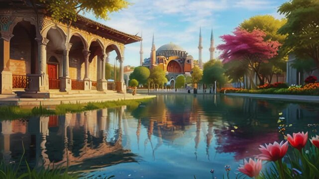 View of the river flowing in the middle of the city, seamless 4K virtual video animation background