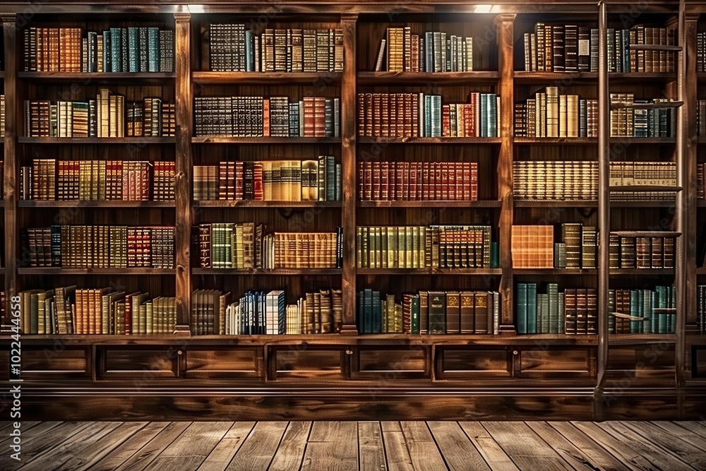 Leinwandbilder the wooden shelves are filled with a diverse range of textbooks and scholarly publications, creating
