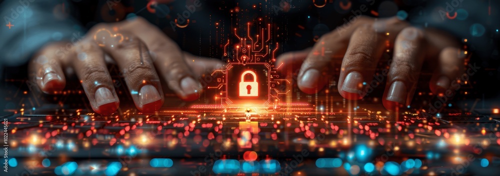 Poster businessman typing on laptop with digital padlock representing cyber security and data protection in