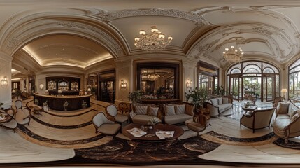 Panoramic 360 view of a chic European-style hotel lobby, showcasing elegant decor, luxurious seating, and complete facilities for a welcoming ambiance.