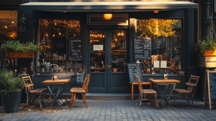 Empty Outdoor Seating Area in Front of a Cafe with Chalkboard Menus