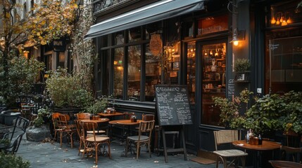 Naklejka premium Cozy Outdoor Cafe Setting with Wooden Tables and Chairs