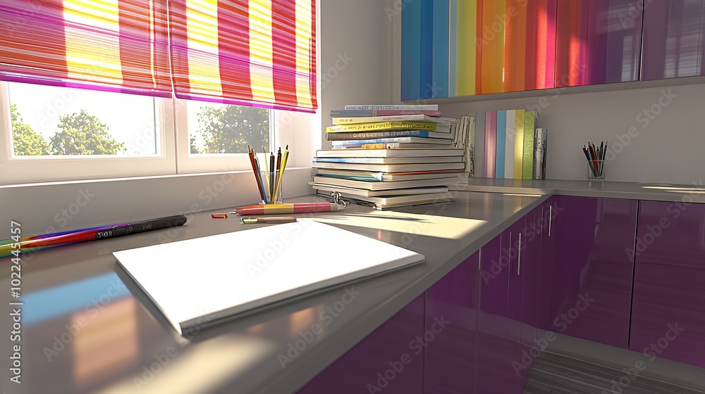 Poster a blank notebook on a white desk with colorful pencils, a stack of books, and a window with colorful