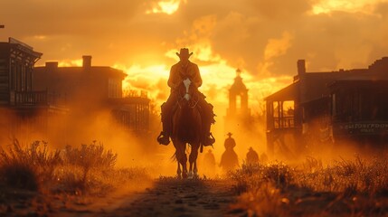 Cowboy riding a horse on a dusty street in old west town silhouetted against sunlight cinematic movie still photo realistic