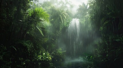 Obraz premium Lush Rainforest Waterfall in Heavy Rain