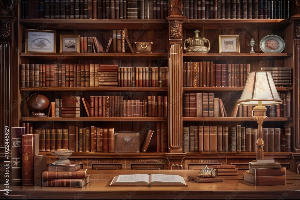 Aufkleber wooden shelves overflowing with textbooks and academic literature create a warm, inviting atmosphere