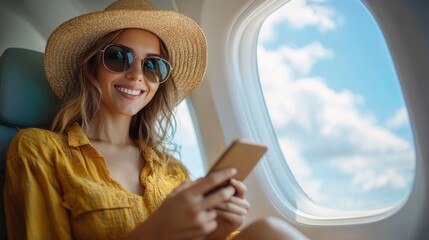 Woman in hat smiling on airplane.
