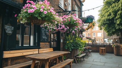 Fototapeta premium Brick Building with Hanging Pink Flowers and Outdoor Seating