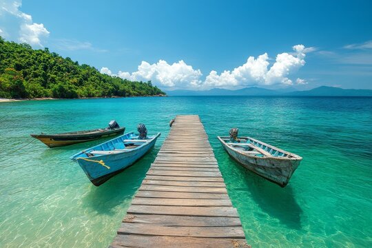 A wooden pier extends into a turquoise sea with three small boats tied up at the end.  The water is crystal clear and the sky is blue with white clouds.