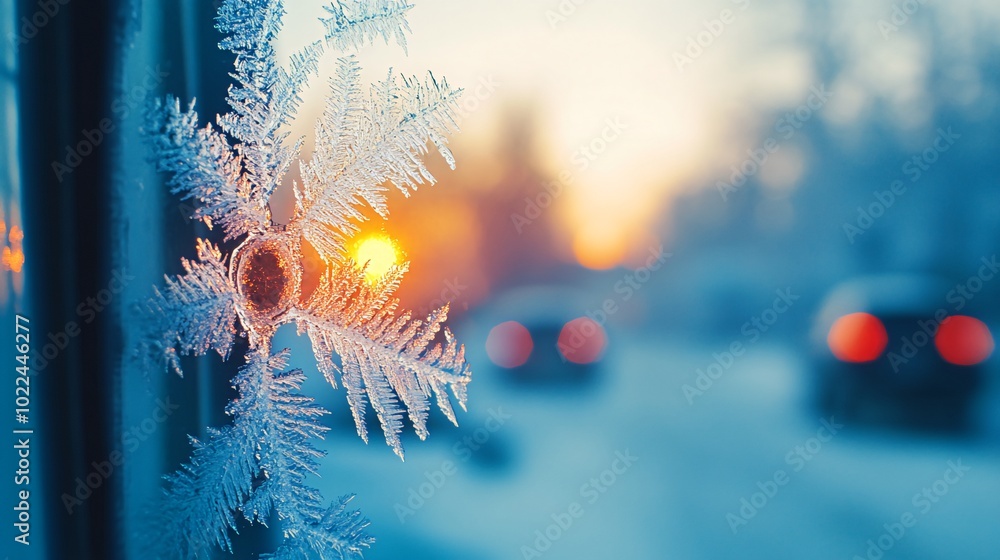 Poster a close-up of intricate frost patterns on a windowpane, with a blurry view of a snowy street and a s