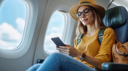 Woman using phone on airplane.