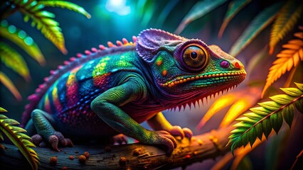 Fototapeta premium Neon Rainbow Chameleon in Glowing Forest - Urban Exploration Photography