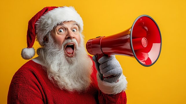 A dynamic portrait of Santa Claus holding a red megaphone, pointing at the viewer, his eyes wide with excitement, promoting Christmas deals, set against a bright yellow backdrop.