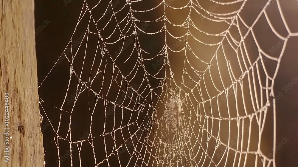 Poster a close-up view of a spider web with dew drops.