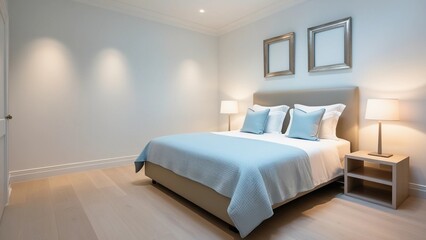Minimalist Bedroom Design with Light Blue Bedding and Subtle Lighting
